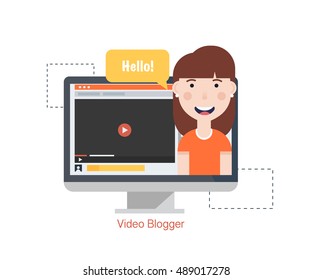 Girl Blogger Video Computer. Concept blogging.Digital blog. Flat Vector Illustration