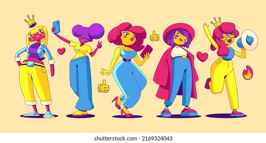 Girl bloggers, popular fashion and beauty influencers in contemporary art style. Vector comic female characters, pretty fame women with phones, social media queen with crown