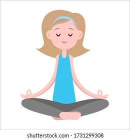 Girl with blond hair and a blue T-shirt meditates in vector graphics