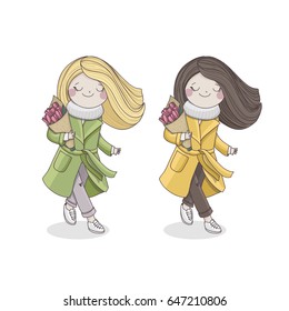 Girl with blond hair in green topcoat with bouquet of pink flowers and girl with dark brown hair in yellow topcoat with bouquet of tulips. Vector illustration isolated on a white background. 