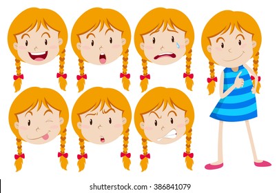 Girl with blond hair with many facial expressions illustration