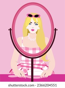 Girl with blond hair in Pink pretty dress and Mirror with hair brush inspired by barbie