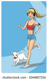 A girl with blond hair, running together with little white dog, isolated on blue background. Vector hand drawn illustration.