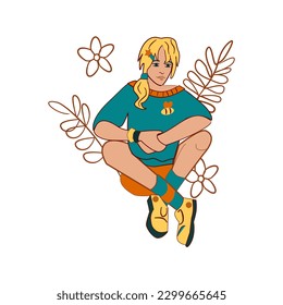 A girl with blond hair in a T-shirt with a bee and shorts sits on the grass Cartoon vector art
