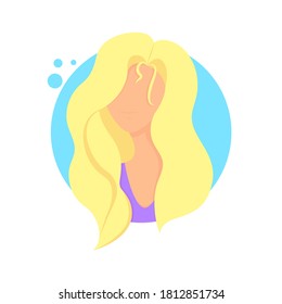 A Girl With Blond, Yellow Hair In A Circle. Concept: Healthy, Beautiful Hair, Fashion And Beauty. Vector Icon, Flat Cartoon Color Design Isolated On White Background, Eps 10.