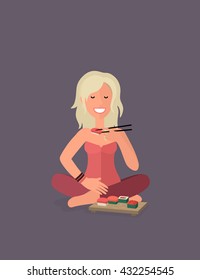Girl blonde eating sushi with salmon. Girl sitting in the lotus position.