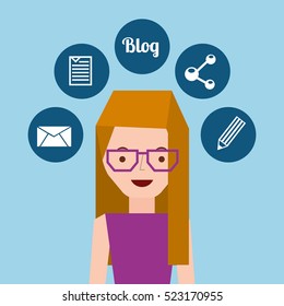 girl blonde glasses stand and social media icons design vector illustration eps 10