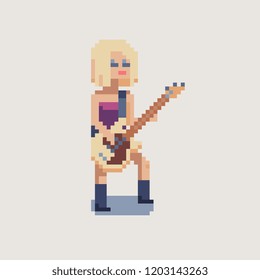 Girl blonde with a guitar pixel art character. Guitarist, musician. Beautiful musician playing guitar. Rock star. Isolated vector illustration. 