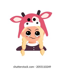 Girl with blonde hair and emotions of suspicious, displeased face in cow hat. Head of cute child with annoyed expression in carnival costume for the holiday, Christmas or New year
