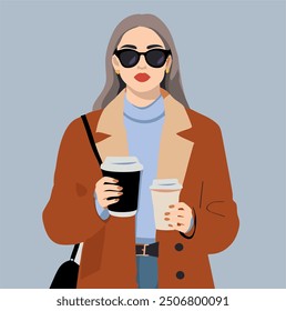 a girl with blonde hair holding two cups of coffee in her hands. She is wearing a stylish brown coat with a light collar, as well as a blue sweater underneath. She's wearing sunglasses and a black bag