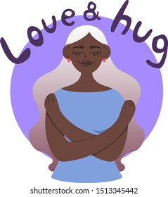 The girl with blonde hair hugs herself and smiles. There is a pastel purple background behind her and a violet inscription "Love and hug".