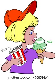 girl with blonde hair with ice cream and soda pop