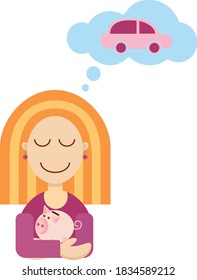 A girl with blonde hair and long balloon earrings holds a piggy Bank in her hands and dreams of a car