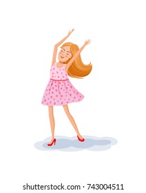 Girl with blonde haired, in a pink dress is dancing. Vector illustration