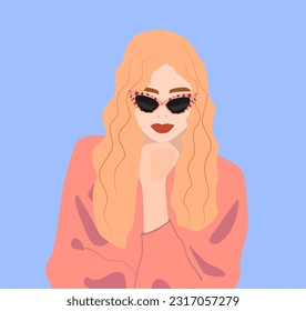 The girl is blonde in pink glasses and a sweater. Lady in a feminine pink style. Portrait of a woman for the author of the social network. Barbie