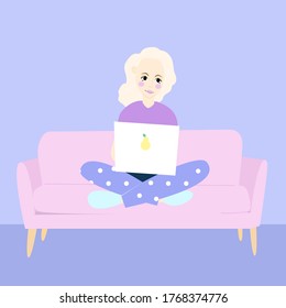 Girl blonde sits on a sofa with a laptop. Vector simple flat illustration.