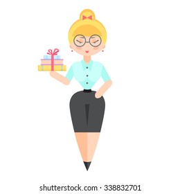 girl blonde with a stack of books 