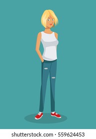 girl blonde teen white shirt jeans red tennis