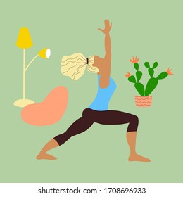 Girl blonde in a tracksuit doing yoga at home during quarantine. Young slender woman in a warrior pose. Interior: floor lamp,  bean bag chair,  flowering cactus. Stock vector simple flat illustration.