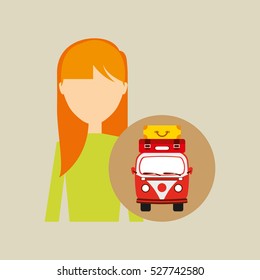 girl blonde vintage van camper suitcases vector illustration eps 10