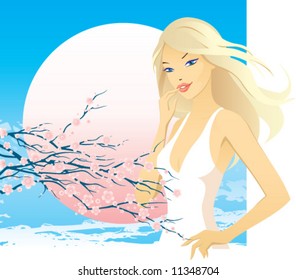 girl with blooming cherry twig