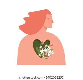 A girl with a blooming heart, a symbol of happiness, self-love, pleasure in life. Flat vector illustration isolated on white background.