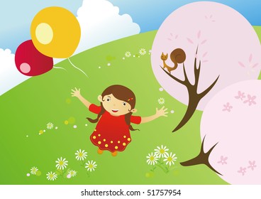 Girl in a blooming meadow looking up the flying balloon
