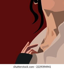 Girl in a blouse in a flat style. Vector graphics. Red background. Black hair and white blouse.