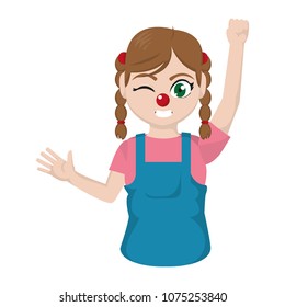 girl with blouse inside overalls and clown nose