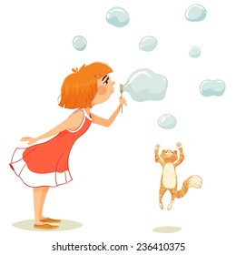A girl blow bubbles and playing with a kitten.