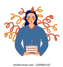 Girl blow candle on birthday, cake, flat style isolated on the white background