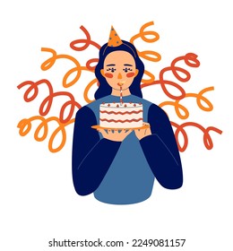 Girl blow candle on birthday, cake, flat style isolated on the white background