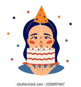 Girl blow candle on birthday, cake, flat style isolated on the white background