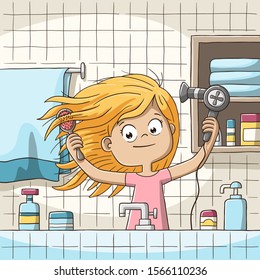 Girl blow dries her hair. Hand drawn vector illustration with separate layers.