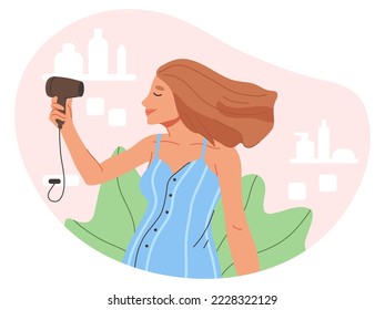 Girl blow-drying hair using blow dryer, cartoon woman hair care routine. Beautiful hair procedure, lady self care routine flat vector illustration on white background