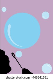 Girl blowing big and small bubbles with a bubble blower vector drawing