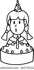 Girl blowing birthday candle line art illustration  