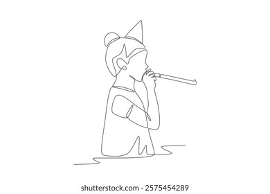 Girl blowing birthday whistle. Children birthday celebrations concept one-line drawing