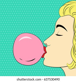 Girl blowing bubble gum. Vector illustration in comic style