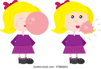 Girl blowing a bubble of gum, which then pops.