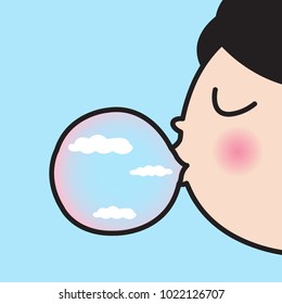 Girl Blowing Bubble With White Clouds Inside. Concept Of Happy Relax Mood Feeling Card Character illustration