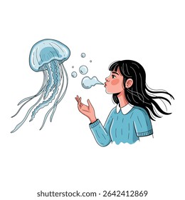 A girl blowing bubbles near a jellyfish.  Cute cartoon style.