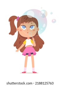 Girl blowing bubbles out of soap foam vector illustration. Cartoon isolated adorable kid with long hair and pink skirt holding bubbles maker to blow big clear soft balloon and play summer fun game