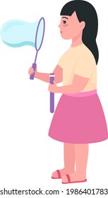 Girl blowing bubbles semi flat color vector character. Kid figure. Full body person on white. Childrens fun isolated modern cartoon style illustration for graphic design and animation