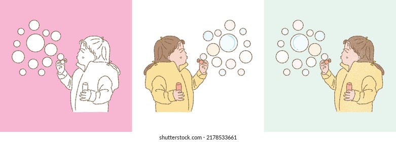 Girl blowing bubbles through wand and holding bottle of soap solution in other hand. Set of different styles hand drawn flat vector illustration isolated on colored background.