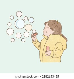 Girl blowing bubbles through wand and holding bottle of soap solution in other hand. Hand drawn flat vector illustration cartoon character isolated on light green background
