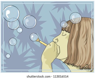 Girl blowing bubbles, using a straw, vector illustration