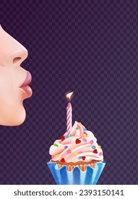 Girl blowing candle. Woman or kid blow on birthday cake and makes wish, realistic lips blows candles in sweet cupcake, party happy celebration dessert 3d vector illustration of birthday candle dessert