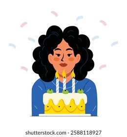 Girl blowing candles and making wish, flat illustration