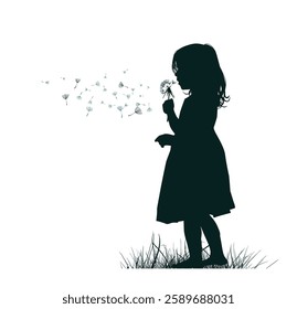 Girl blowing dandelion. hand drawn. Not AI, Vector illustration,